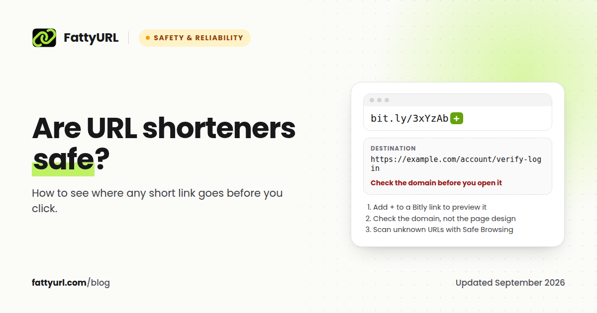 Illustration of previewing a short link: adding a plus sign to a Bitly link reveals its destination URL so you can check the domain before opening it.