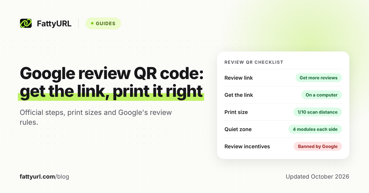Light card titled Review QR checklist listing where to get the link, the phone limit, print size, quiet zone and Google's ban on review incentives.