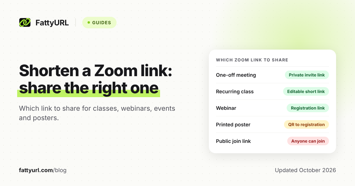 Light card titled Which Zoom link to share, matching a one-off meeting, recurring class, webinar and poster to a link, and warning about public join links.